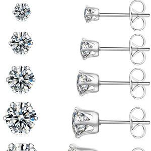 Unisex Silver Stainless Steel Cubic Zirconia Stud Earring Set with 5 Sizes, Hypo